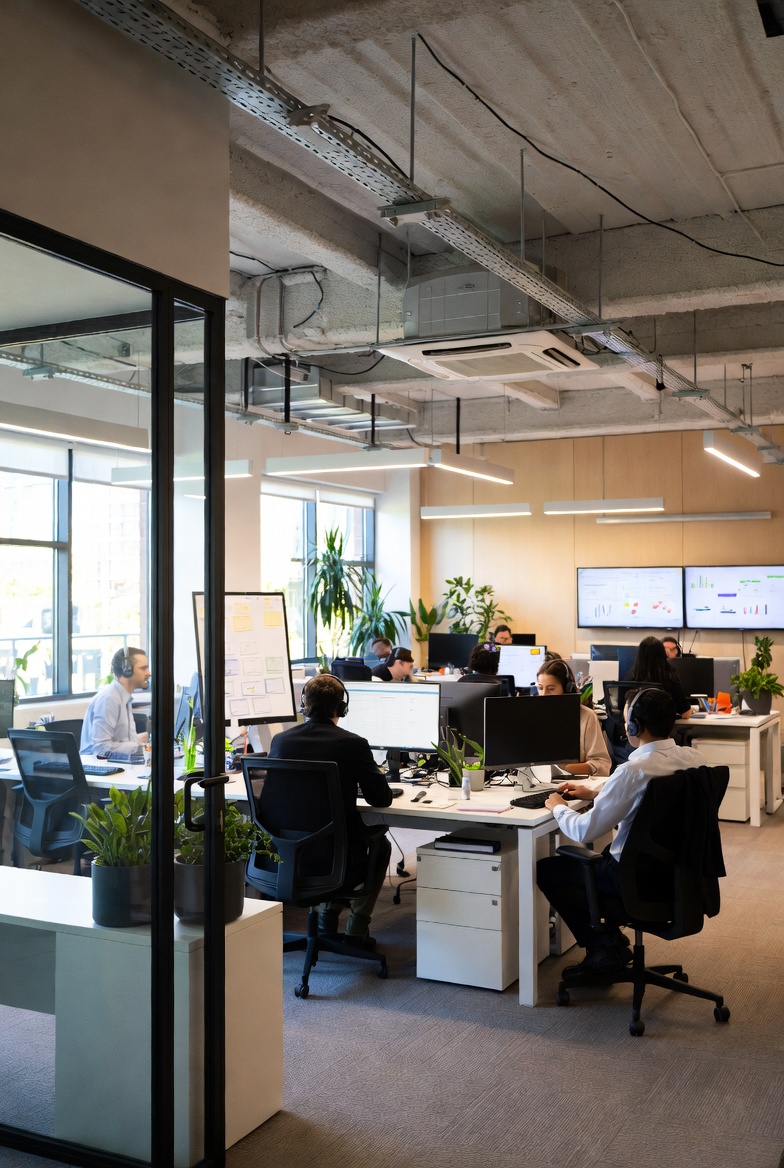 Levende co-working-rum i en innovationshub med teams, der samarbejder ved fælles skriveborde, flere store skærme, der viser datavisualiseringer, synlige lofter og frodige indendørsplanter